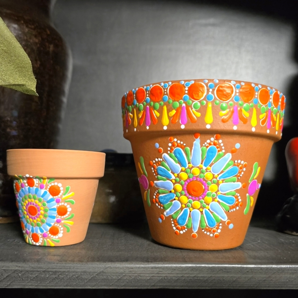 2 PC Handpainted Colorful Terracotta Pots Mandala Boho Hippie DotArt FolkArt - Picture 1 of 3